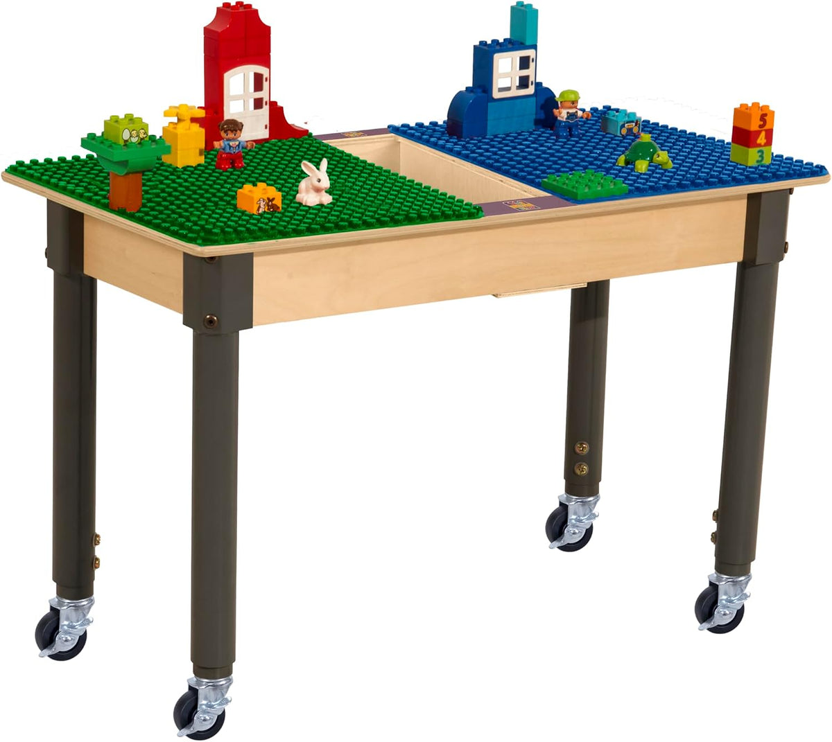 Rectangle Time-2-Play Table with a trough, along with adjustable 18"-29" legs with locking casters and a DUPLO® Compatible Grid of BLUE/GREEN Color