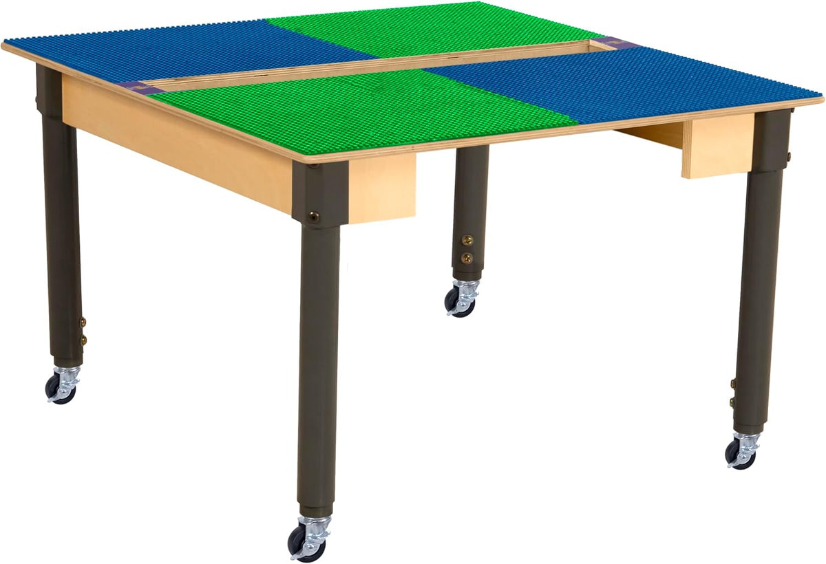 Square Time-2-Play Table with a trough, along with adjustable 18"-29" legs with locking casters and a LEGO® Compatible Grid of BLUE/GREEN Color