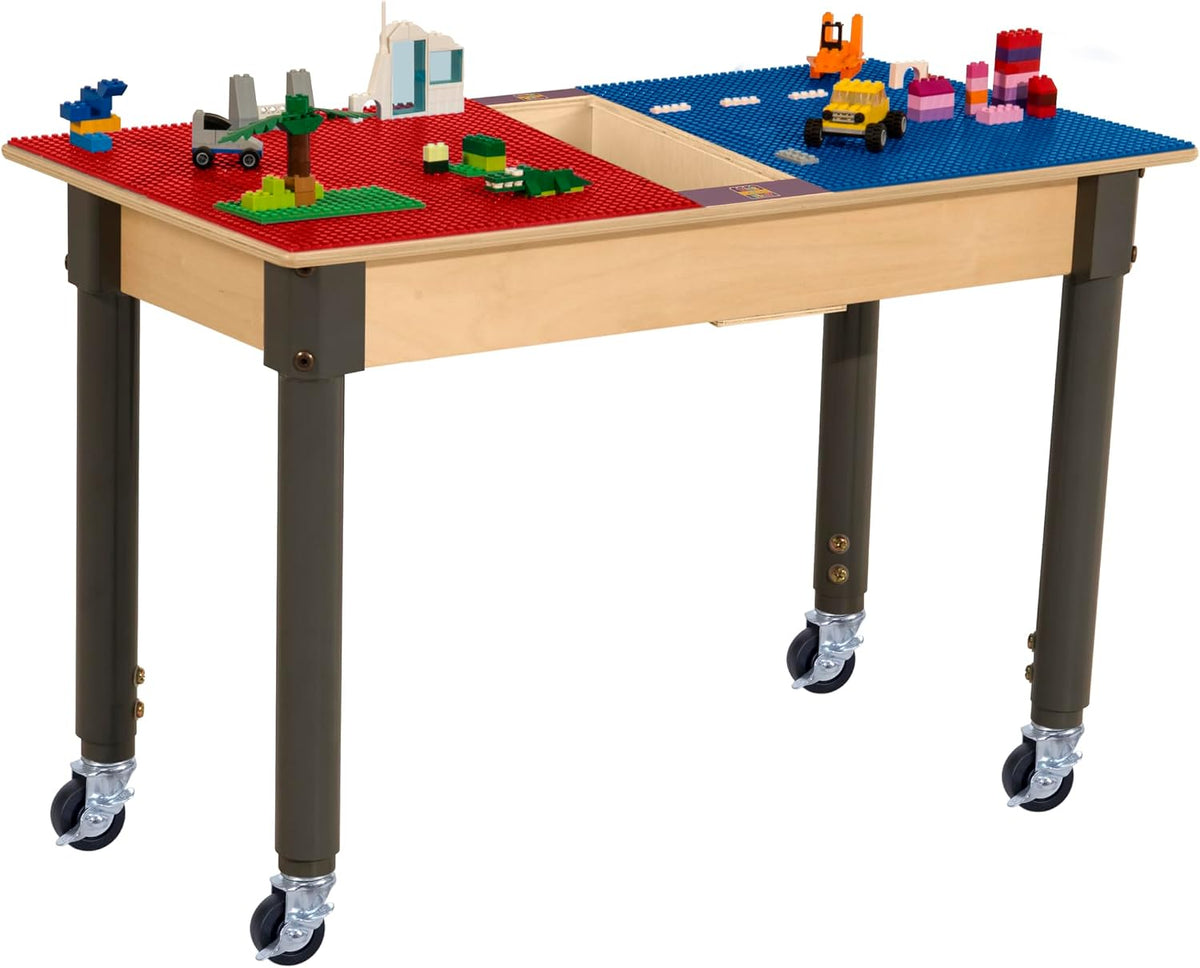 Rectangle Time-2-Play Table with a trough, along with adjustable 18"-29" legs with locking casters and a LEGO® Compatible Grid of RED/BLUE Color