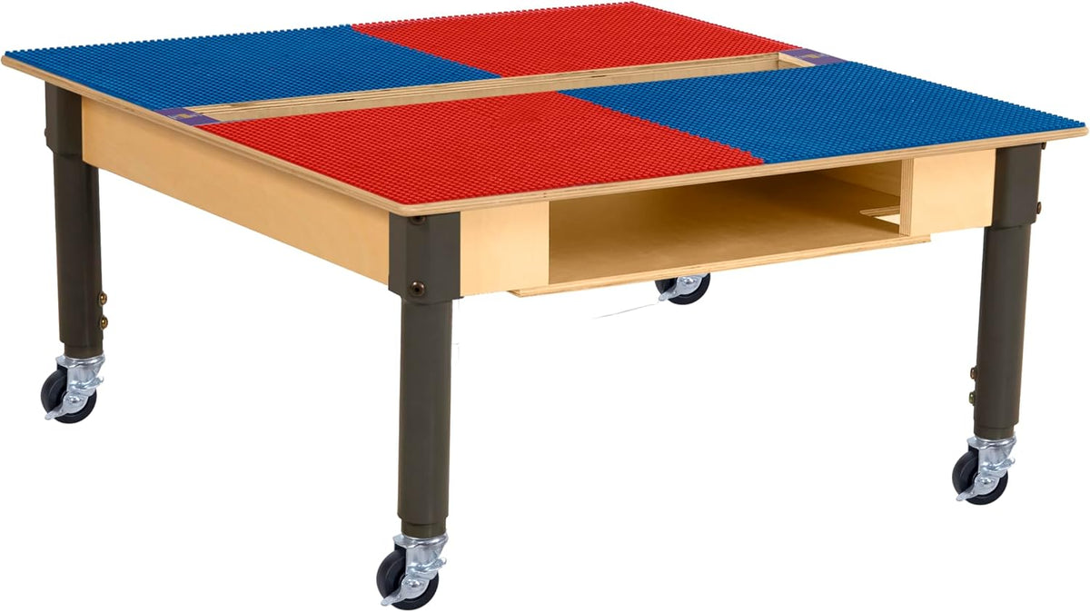 Square Time-2-Play Table with a trough and shelf, along with adjustable 12"-17" legs with locking casters and a LEGO® Compatible Grid of RED/BLUE Color