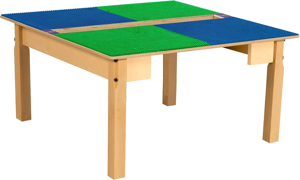 Square Time-2-Play Table with a trough, along with 16" legs and a LEGO® Compatible Grid of BLUE/GREEN Color