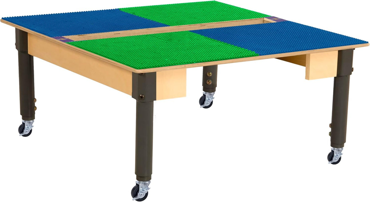 Square Time-2-Play Table with a trough, along with adjustable 12"-18" legs with locking casters and a LEGO® Compatible Grid of BLUE/GREEN Color
