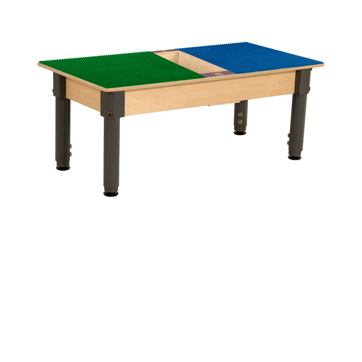 Rectangle Time-2-Play Table with a trough, along with adjustable 12"-17" legs and a LEGO® Compatible Grid of BLUE/GREEN Color