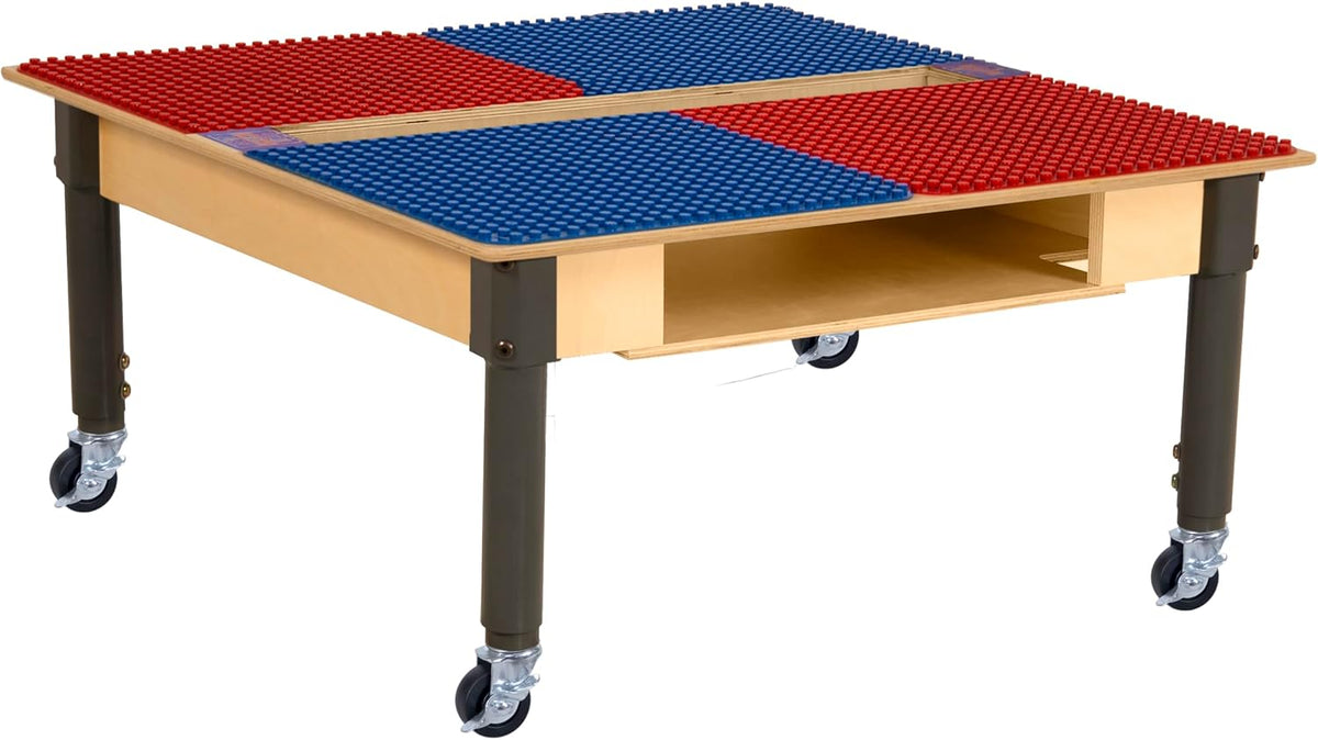 Square Time-2-Play Table with a trough and shelf, along with adjustable 12"-17" legs with locking casters and a DUPLO® Compatible Grid of RED/BLUE Color