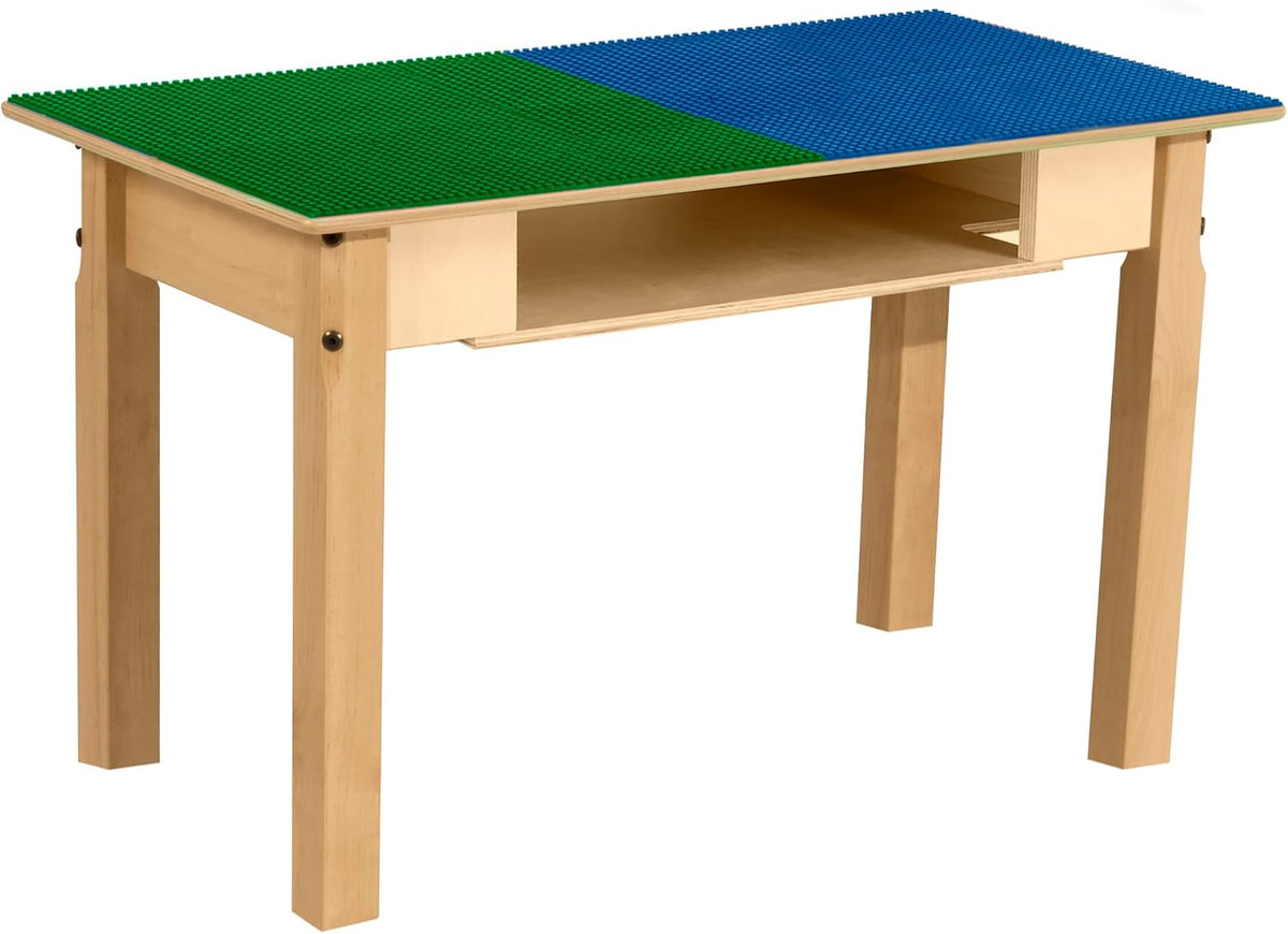 Rectangle Time-2-Play Table with a shelf, along with 18" legs and a LEGO® Compatible Grid of BLUE/GREEN Color