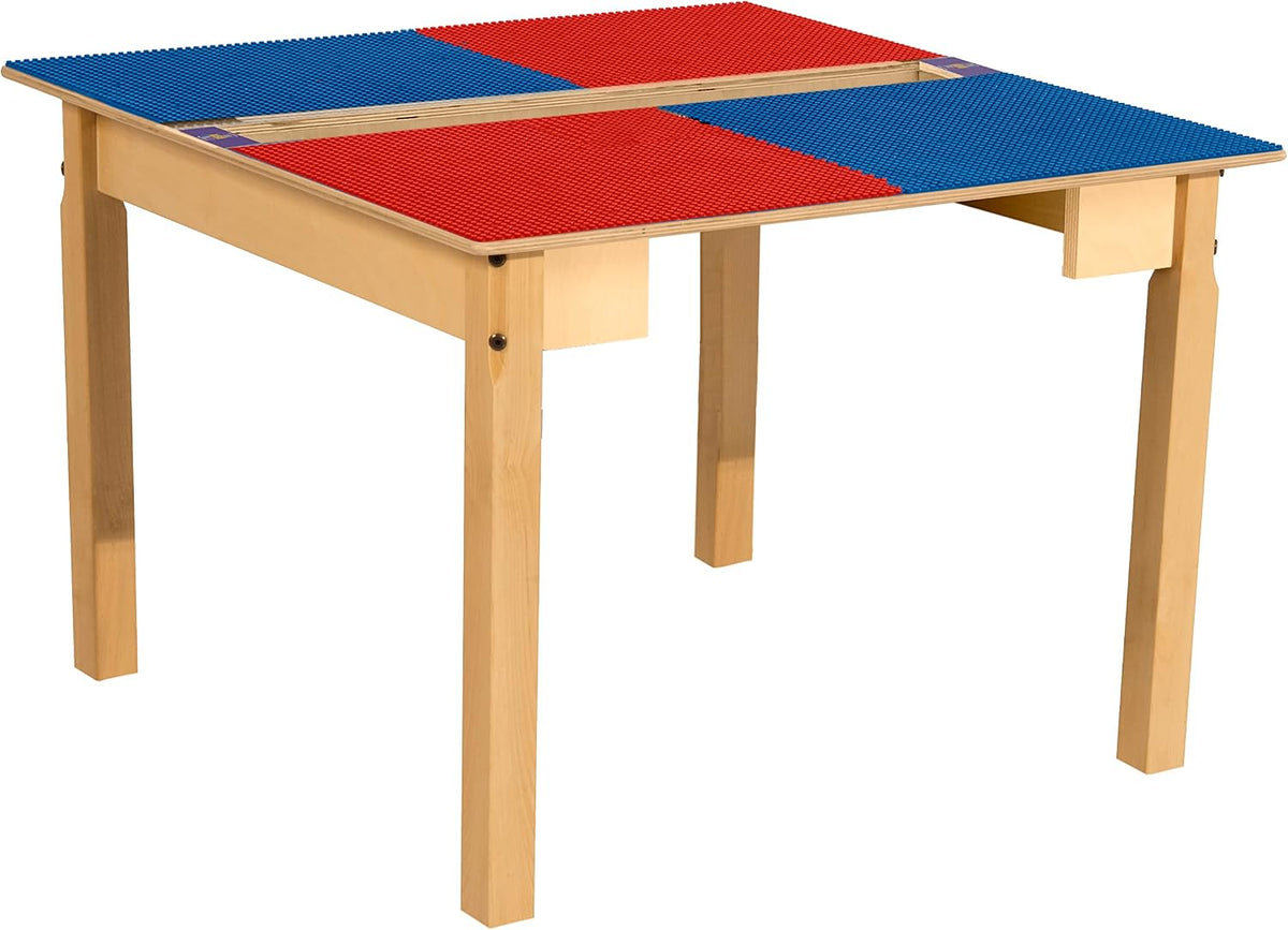 Square Time-2-Play Table with a trough, along with 22" legs and a LEGO® Compatible Grid of RED/BLUE Color