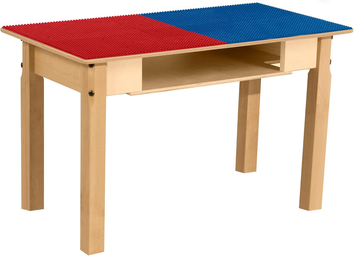 Rectangle Time-2-Play Table with a shelf, along with 18" legs and a LEGO® Compatible Grid of RED/BLUE Color