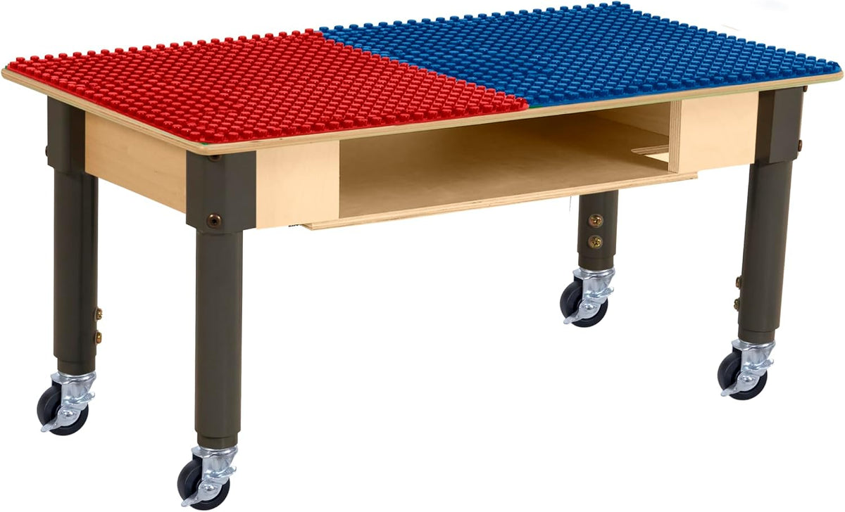 Rectangle Time-2-Play Table with a shelf, along with adjustable 12"-17" legs with locking casters and a DUPLO® Compatible Grid of RED/BLUE Color