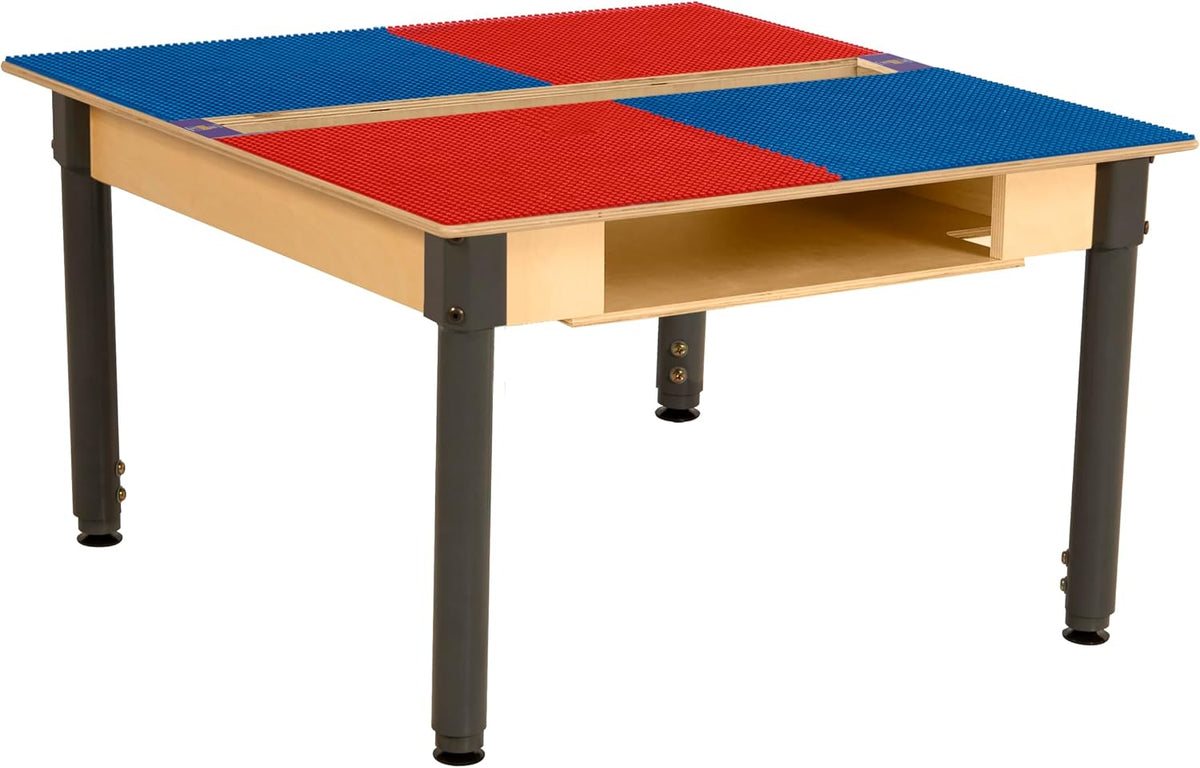 Square Time-2-Play Table with a trough and shelf, along with adjustable 18"-29" legs and a LEGO® Compatible Grid of RED/BLUE Color