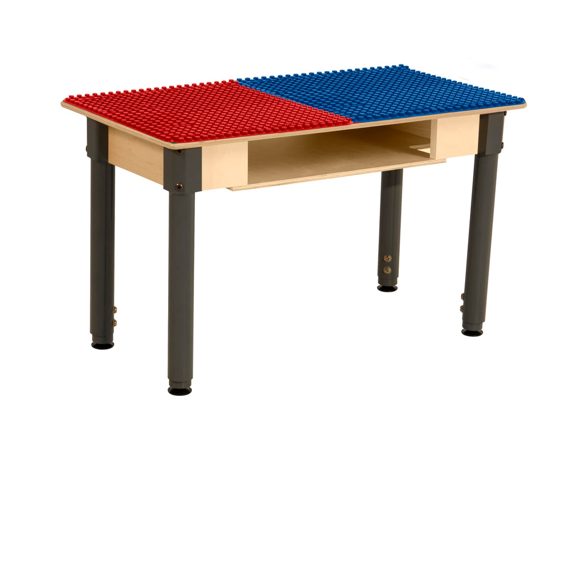 Rectangle Time-2-Play Table with a shelf, along with adjustable 18"-29" legs and a DUPLO® Compatible Grid of RED/BLUE Color