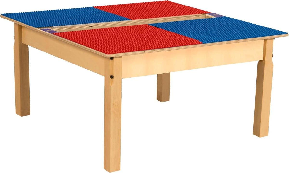Square Time-2-Play Table with a trough, along with 16" legs and a DUPLO® Compatible Grid of RED/BLUE Color