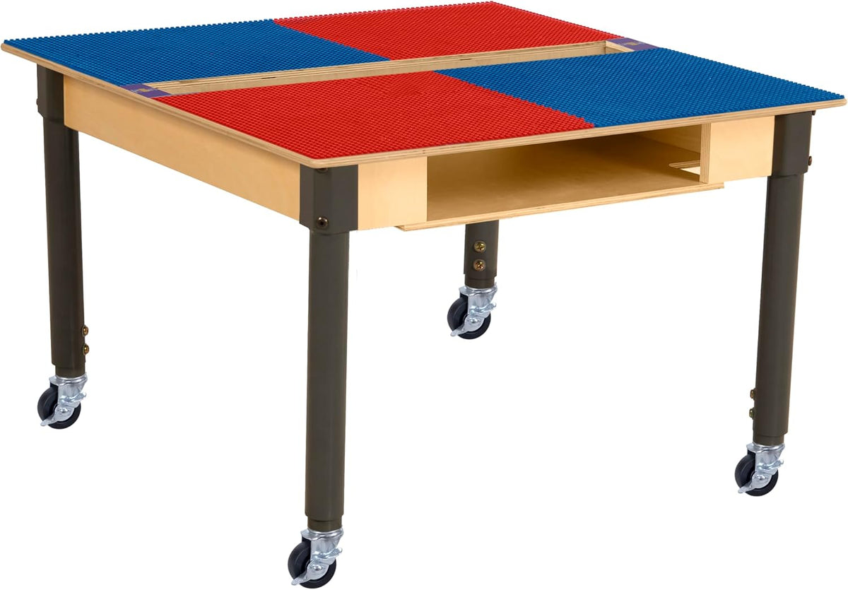 Square Time-2-Play Table with a trough and shelf, along with adjustable 18"-29" legs with locking casters and a LEGO® Compatible Grid of RED/BLUE Color