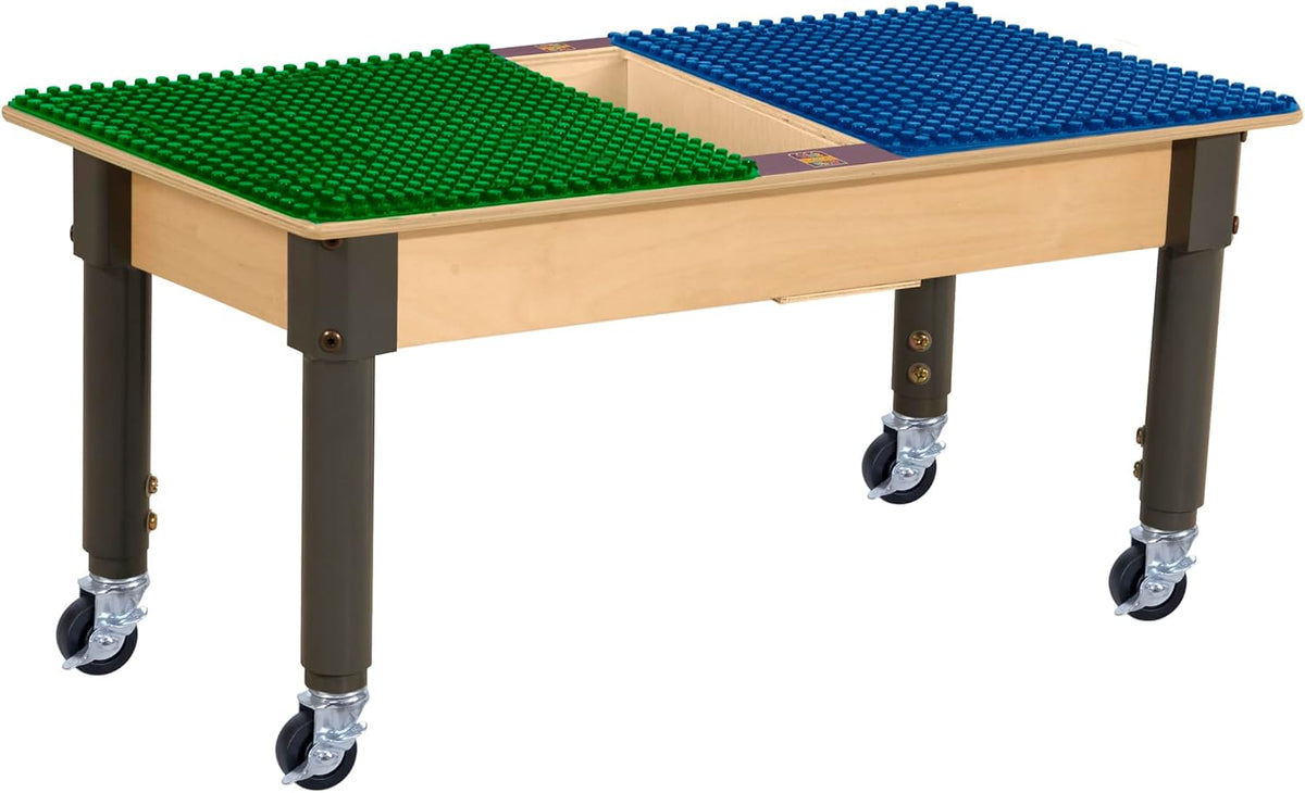 Rectangle Time-2-Play Table with a trough, along with adjustable 12"-17" legs with locking casters and a DUPLO® Compatible Grid of BLUE/GREEN Color