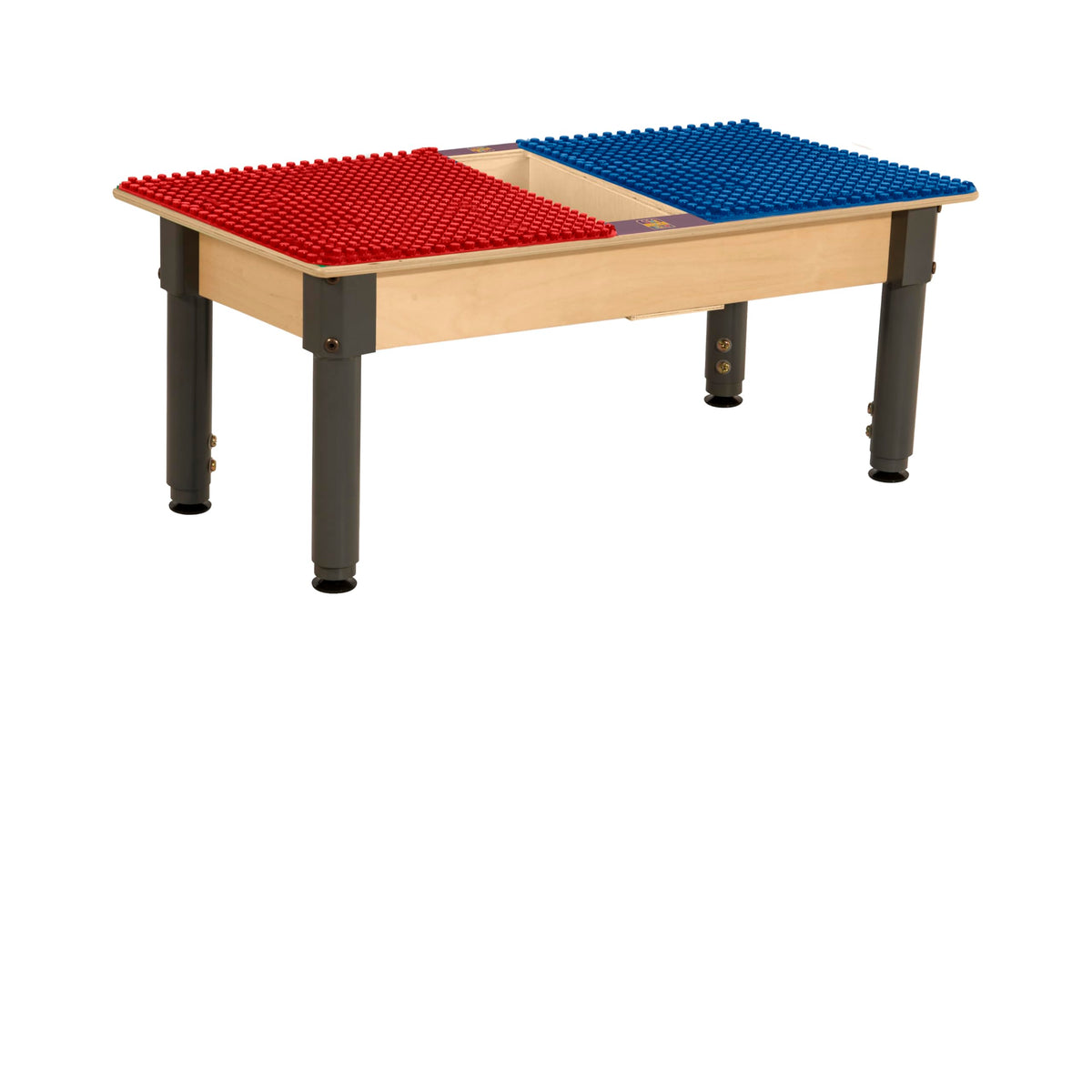 Rectangle Time-2-Play Table with a trough, along with adjustable 12"-17" legs and a DUPLO® Compatible Grid of RED/BLUE Color