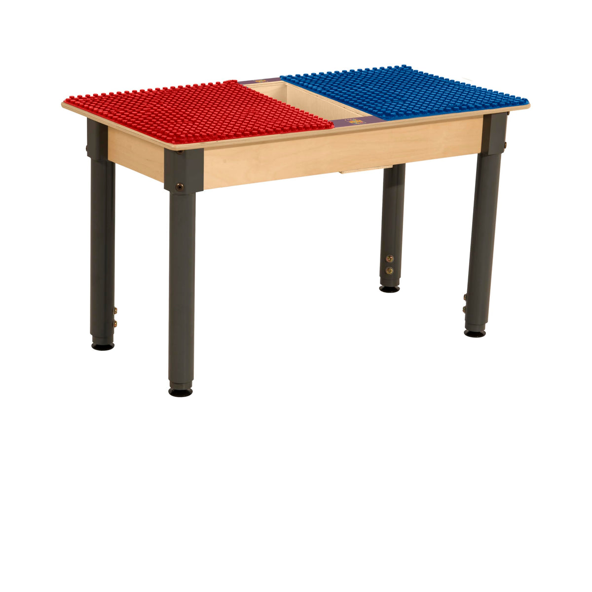 Rectangle Time-2-Play Table with a trough, along with adjustable 18"-29" legs and a DUPLO® Compatible Grid of RED/BLUE Color