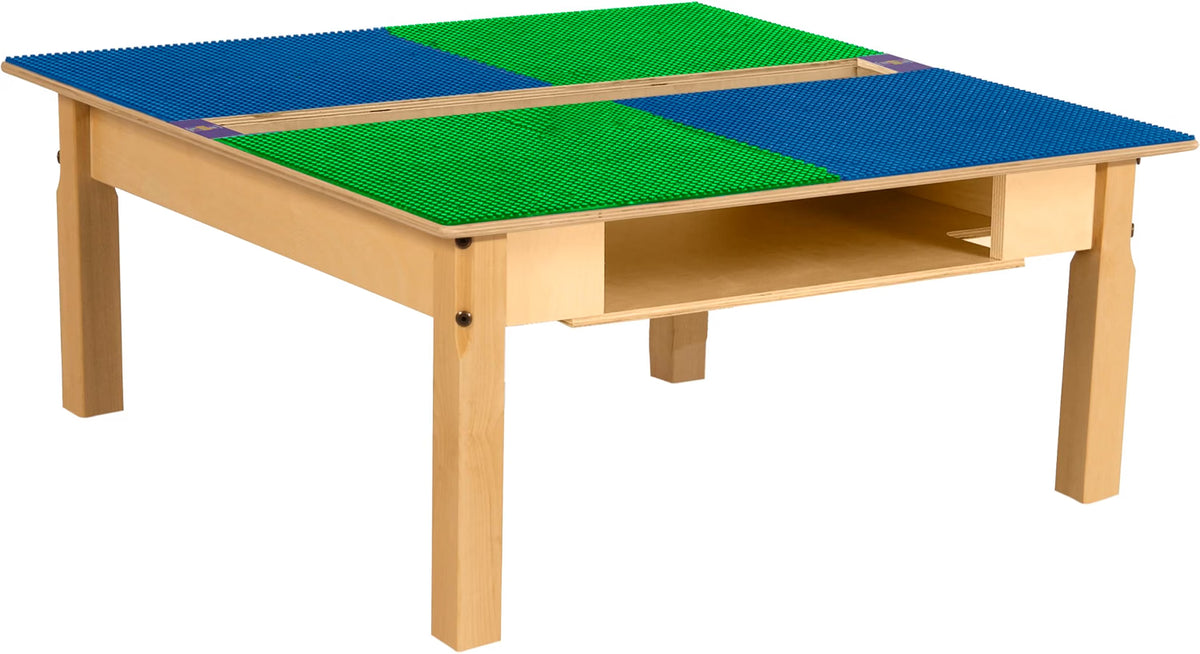 Square Time-2-Play Table with a trough and shelf, along with 14" legs and a LEGO® Compatible Grid of BLUE/GREEN Color