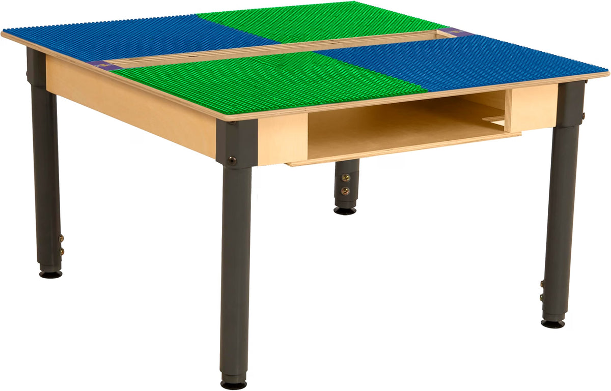 Square Time-2-Play Table with a trough and shelf, along with adjustable 18"-29" legs and a LEGO® Compatible Grid of BLUE/GREEN Color