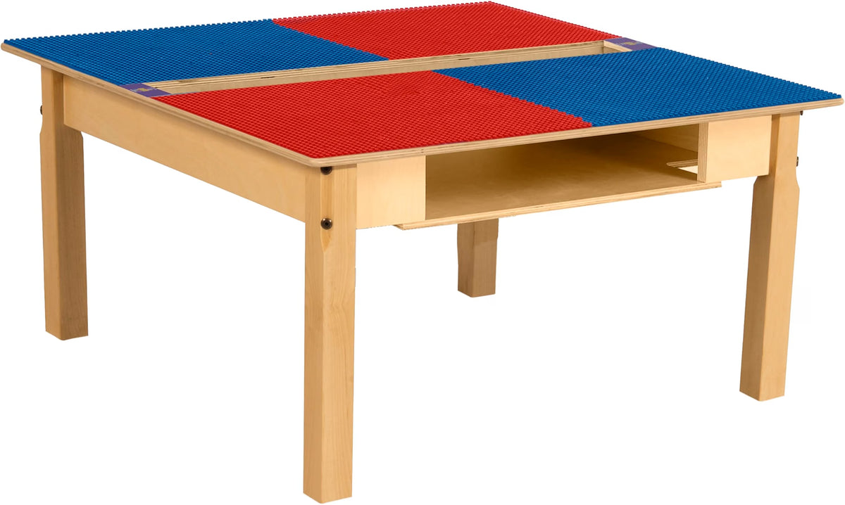Square Time-2-Play Table with a trough and shelf, along with 16" legs and a LEGO® Compatible Grid of RED/BLUE Color