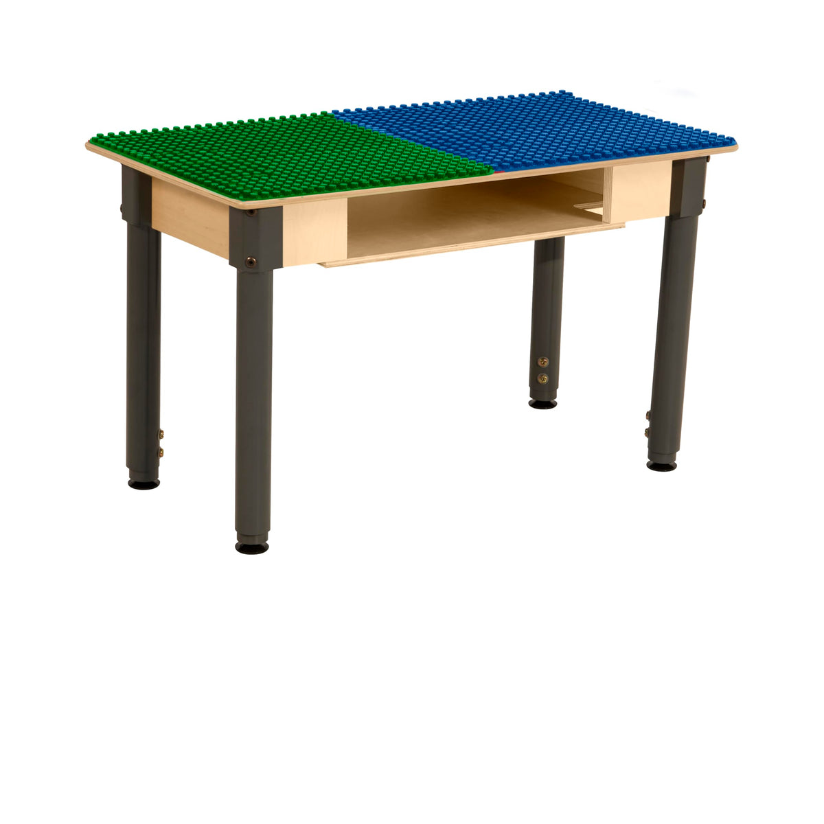 Rectangle Time-2-Play Table with a shelf, along with adjustable 18"-29" legs and a DUPLO® Compatible Grid of BLUE/GREEN Color