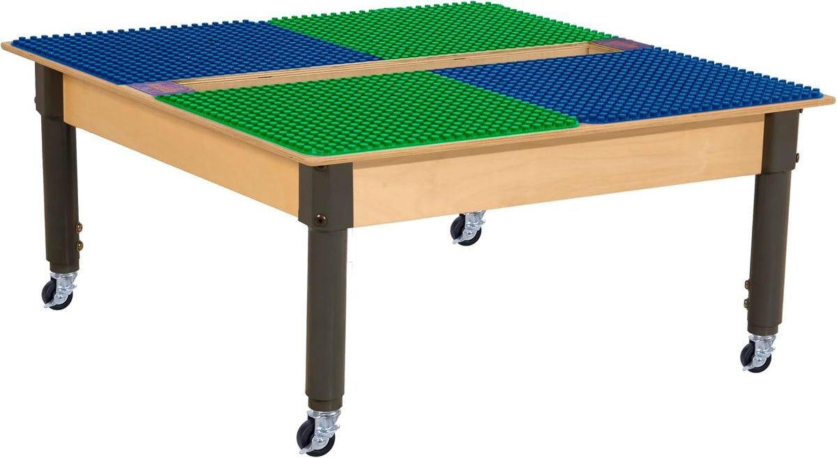 Square Time-2-Play Table with a trough, along with adjustable 12"-17" legs with locking casters and a DUPLO® Compatible Grid of BLUE/GREEN Color