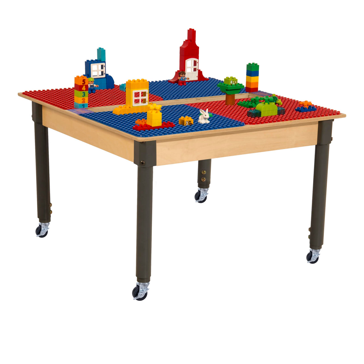 Square Time-2-Play Table with a trough, along with adjustable 18"-29" legs with locking casters and a DUPLO® Compatible Grid of RED/BLUE Color