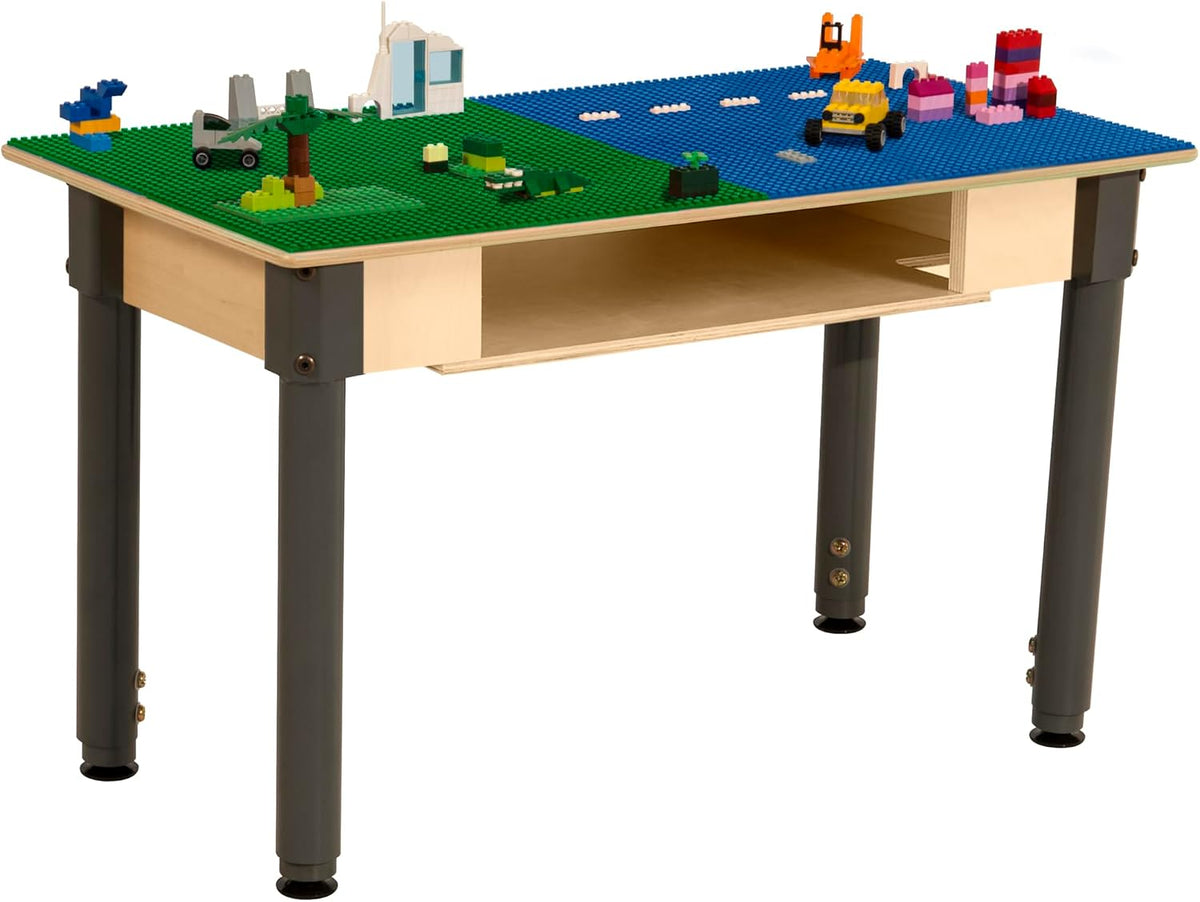 Rectangle Time-2-Play Table with a shelf, along with adjustable 18"-29" legs and a LEGO® Compatible Grid of BLUE/GREEN Color