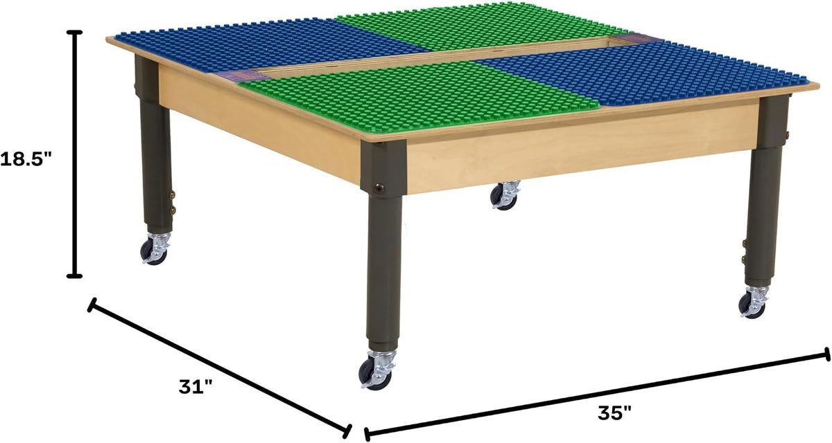 Square Time-2-Play Table with a trough, along with adjustable 12"-17" legs with locking casters and a DUPLO® Compatible Grid of BLUE/GREEN Color