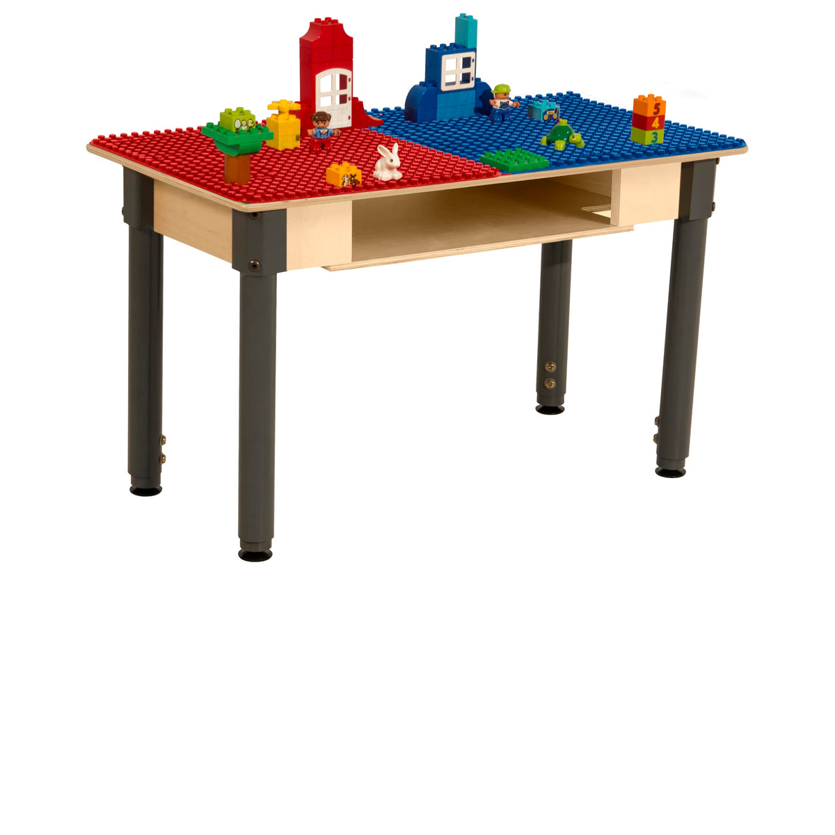 Rectangle Time-2-Play Table with a shelf, along with adjustable 18"-29" legs and a DUPLO® Compatible Grid of RED/BLUE Color