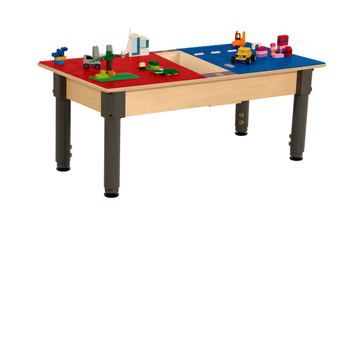 Rectangle Time-2-Play Table with a trough, along with adjustable 12"-17" legs and a LEGO® Compatible Grid of RED/BLUE Color