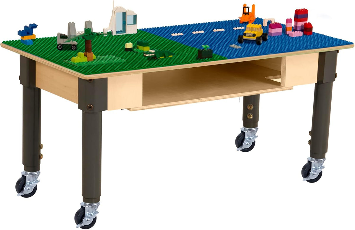Rectangle Time-2-Play Table with a shelf, along with adjustable 12"-18" legs with locking casters and a LEGO® Compatible Grid of BLUE/GREEN Color