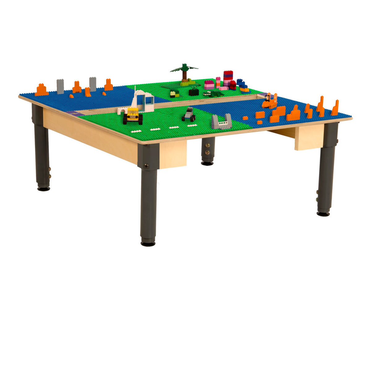 Square Time-2-Play Table with a trough, along with adjustable 12"-17" legs and a LEGO® Compatible Grid of BLUE/GREEN Color