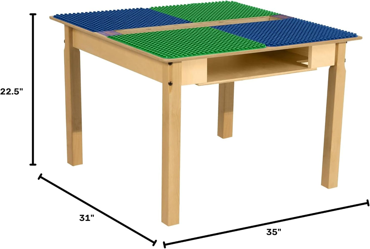 Square Time-2-Play Table with a trough and shelf, along with 22" legs and a DUPLO® Compatible Grid of BLUE/GREEN Color
