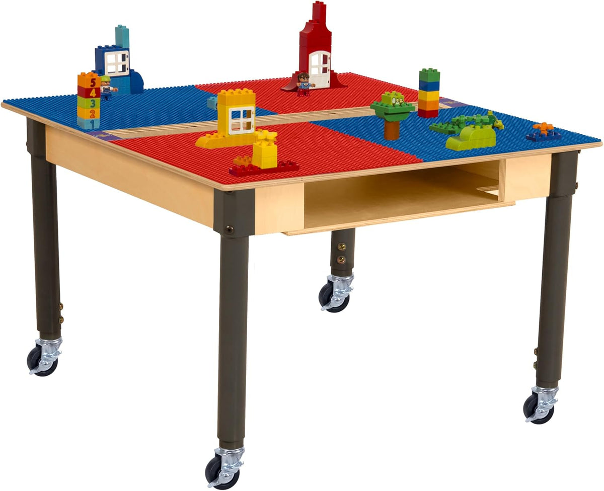 Square Time-2-Play Table with a trough and shelf, along with adjustable 18"-29" legs with locking casters and a DUPLO® Compatible Grid of RED/BLUE Color