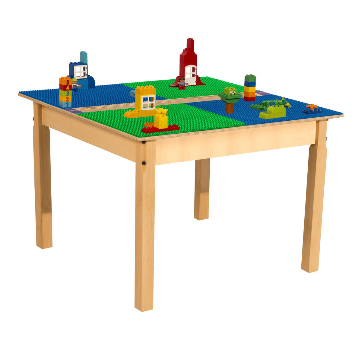 Square Time-2-Play Table with a trough, along with 22" legs and a DUPLO® Compatible Grid of BLUE/GREEN Color