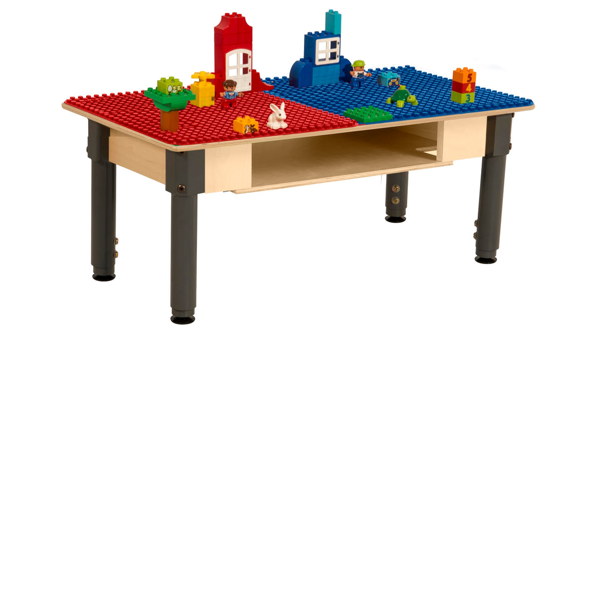 Rectangle Time-2-Play Table with a shelf, along with adjustable 12"-17" legs and a DUPLO® Compatible Grid of RED/BLUE Color