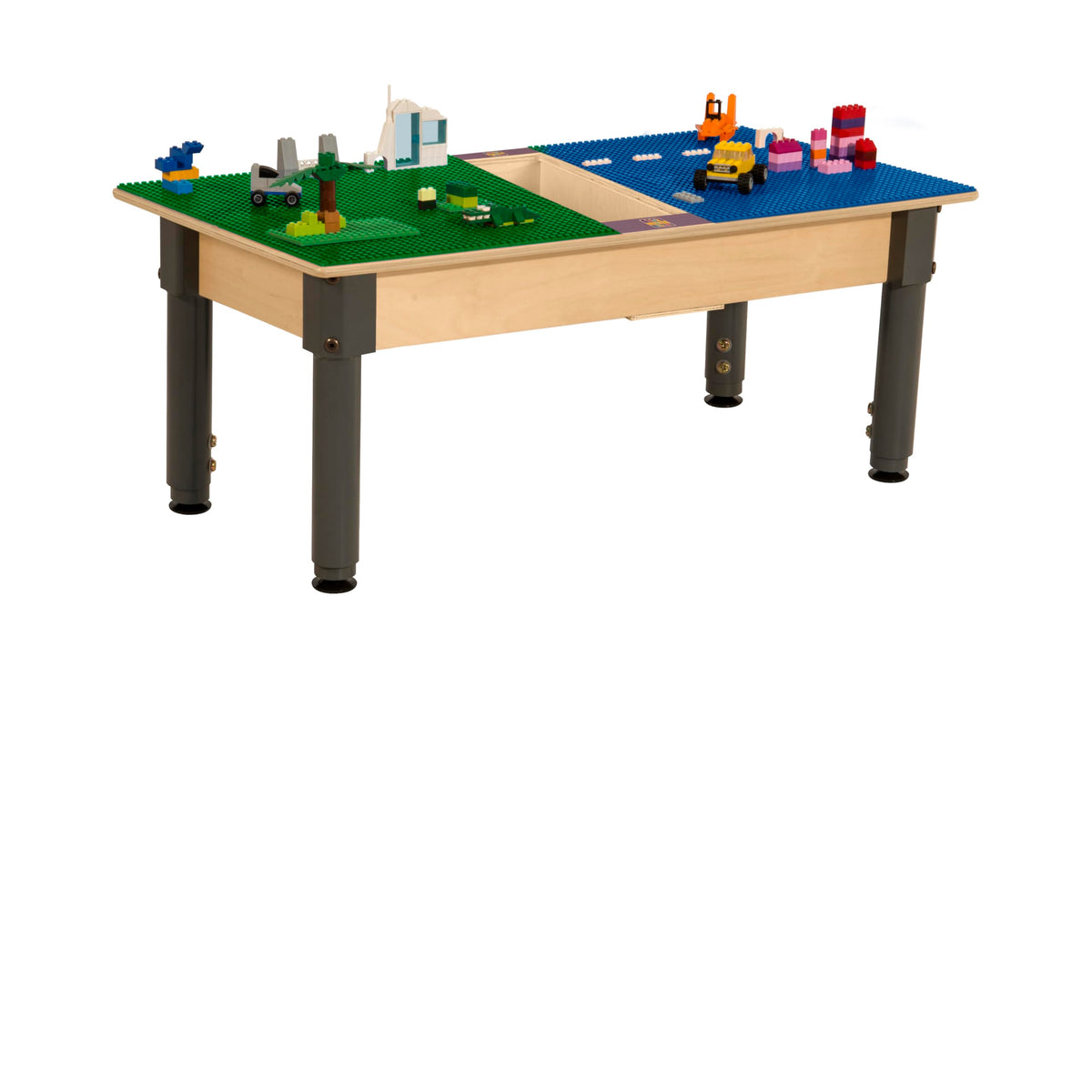 Rectangle Time-2-Play Table with a trough, along with adjustable 12"-17" legs and a LEGO® Compatible Grid of BLUE/GREEN Color