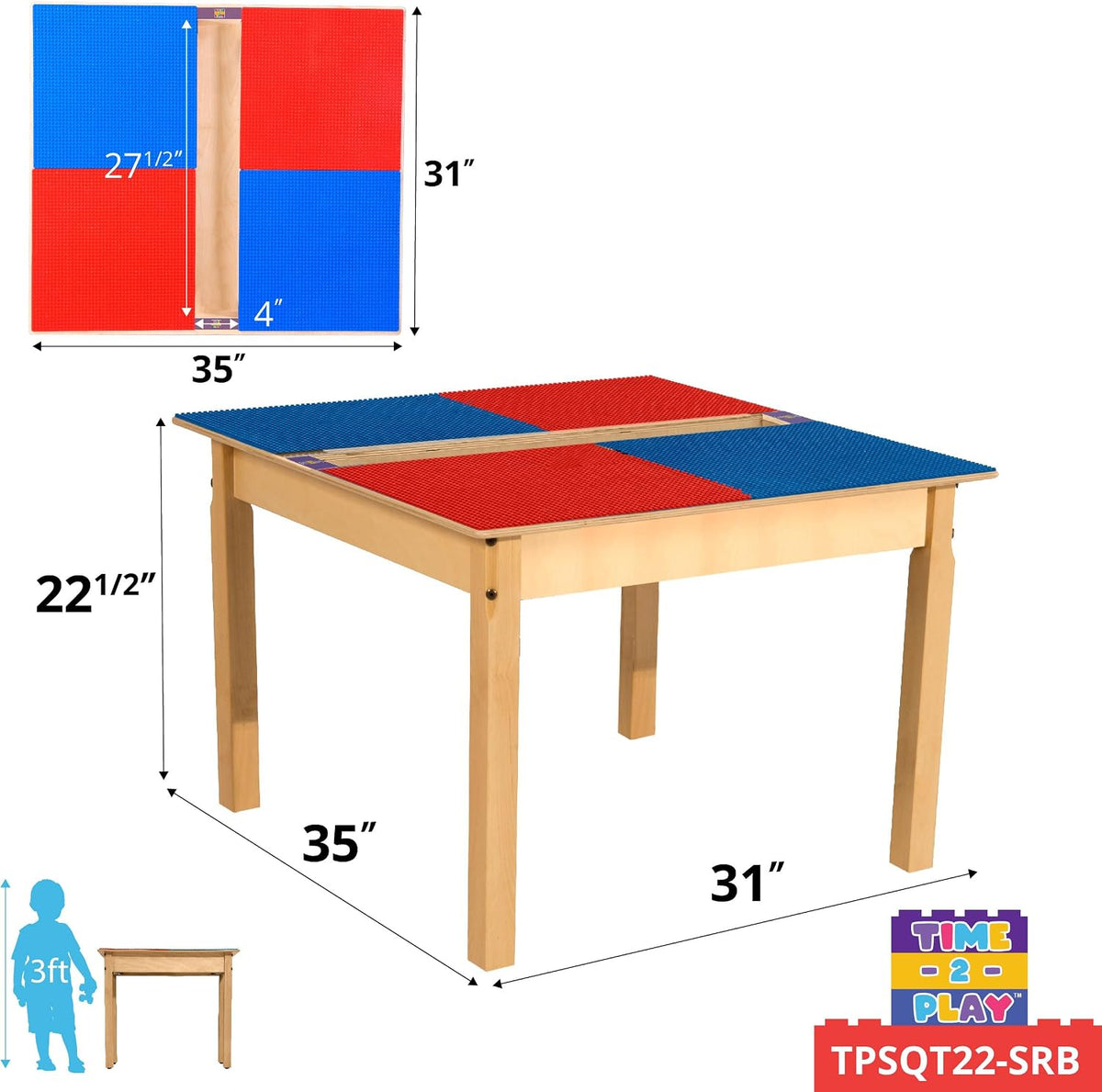 Square Time-2-Play Table with a trough, along with 22" legs and a DUPLO® Compatible Grid of RED/BLUE Color