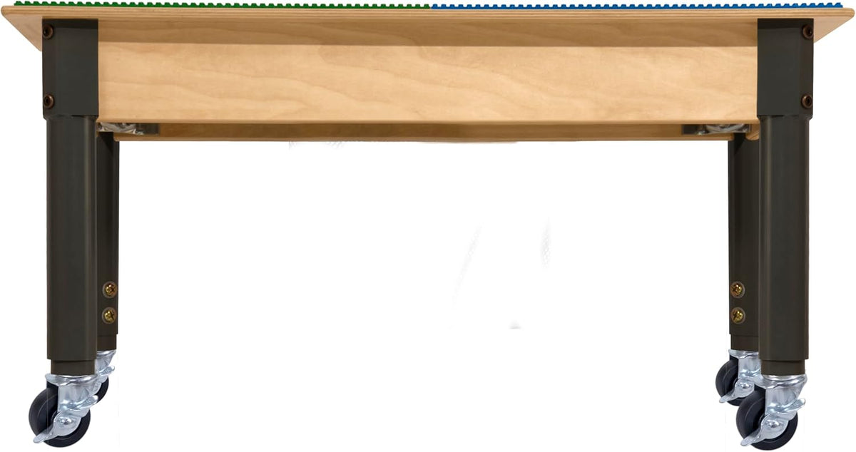 Rectangle Time-2-Play Table with a trough, along with adjustable 12"-18" legs with locking casters and a LEGO® Compatible Grid of BLUE/GREEN Color