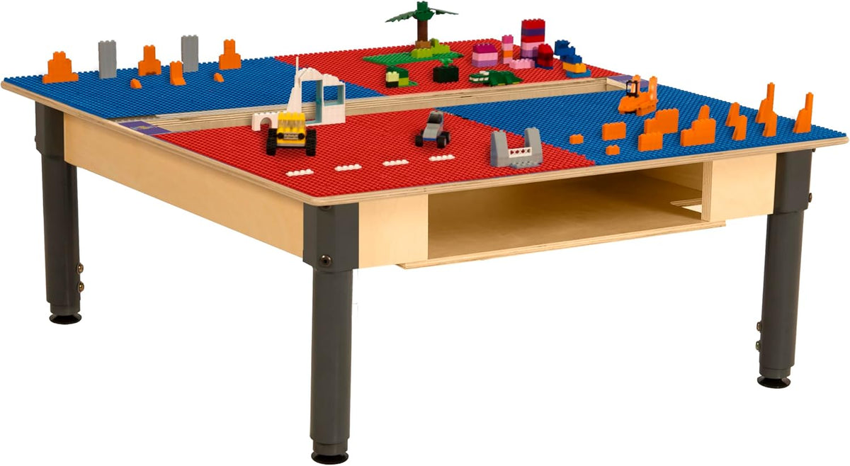 Square Time-2-Play Table with a trough and shelf, along with adjustable 12"-17" legs and a LEGO® Compatible Grid of RED/BLUE Color