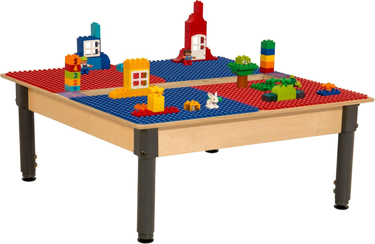 Square Time-2-Play Table with a trough, along with adjustable 12"-17" legs and a DUPLO® Compatible Grid of RED/BLUE Color