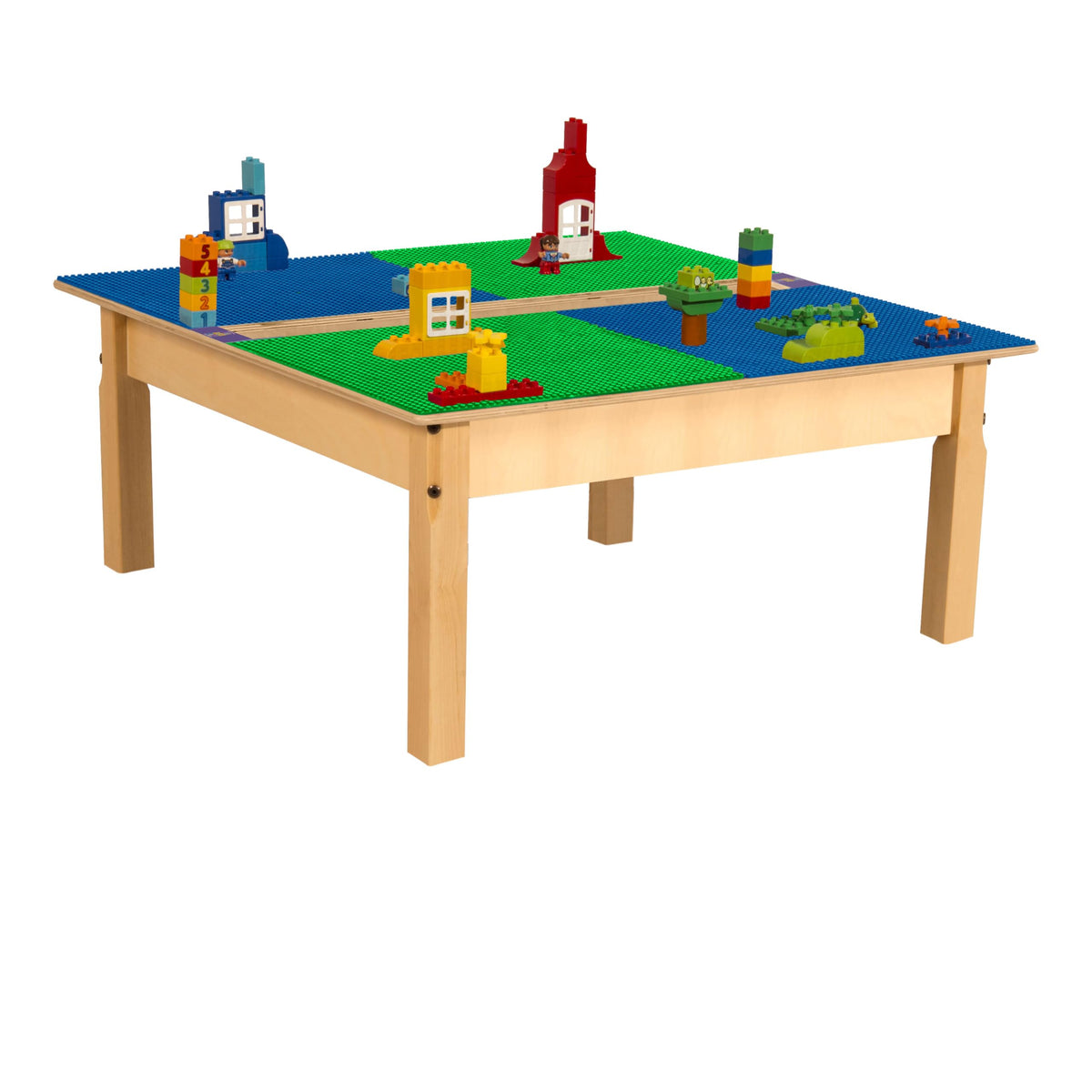 Square Time-2-Play Table with a trough, along with 14" legs and a DUPLO® Compatible Grid of BLUE/GREEN Color