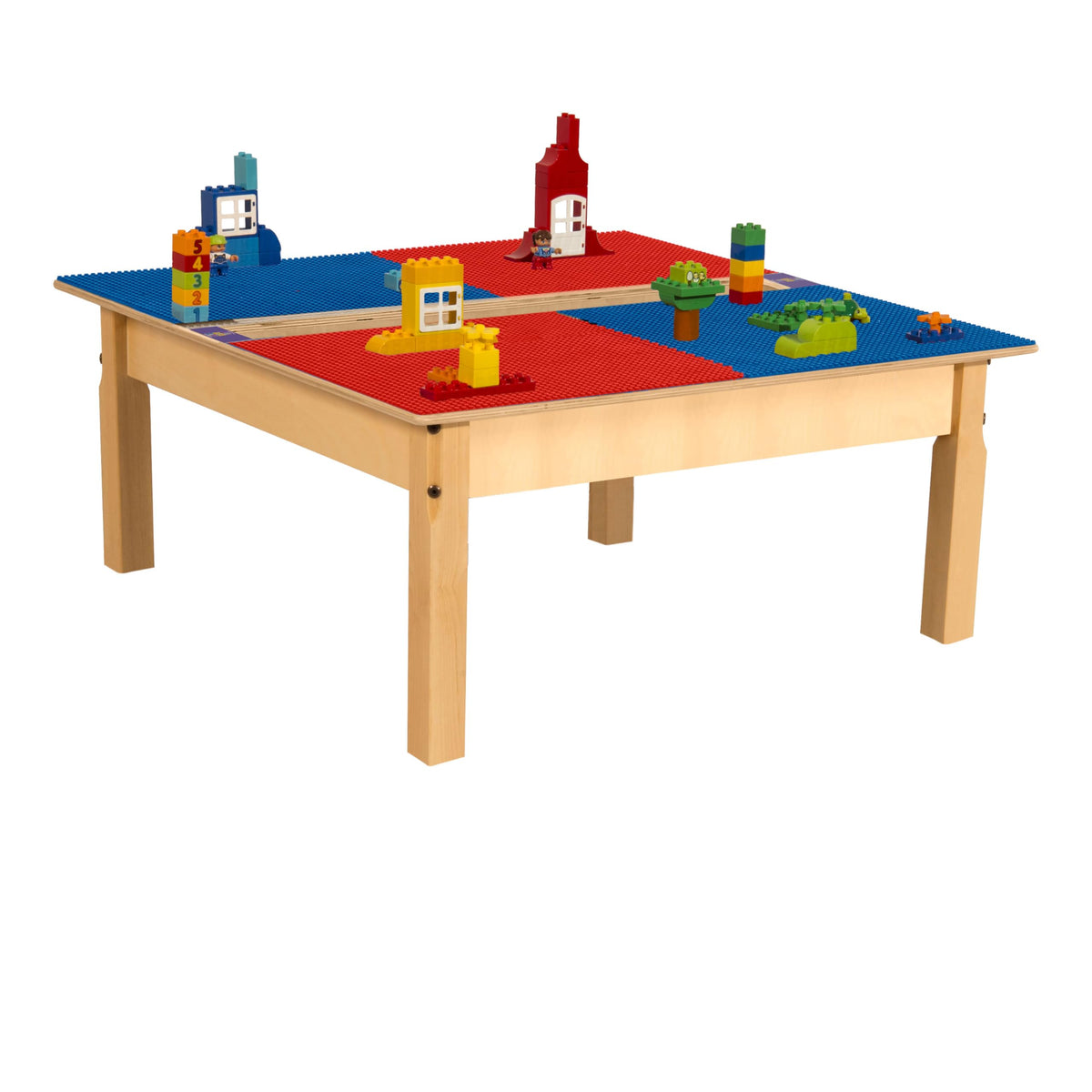 Square Time-2-Play Table with a trough, along with 14" legs and a DUPLO® Compatible Grid of RED/BLUE Color