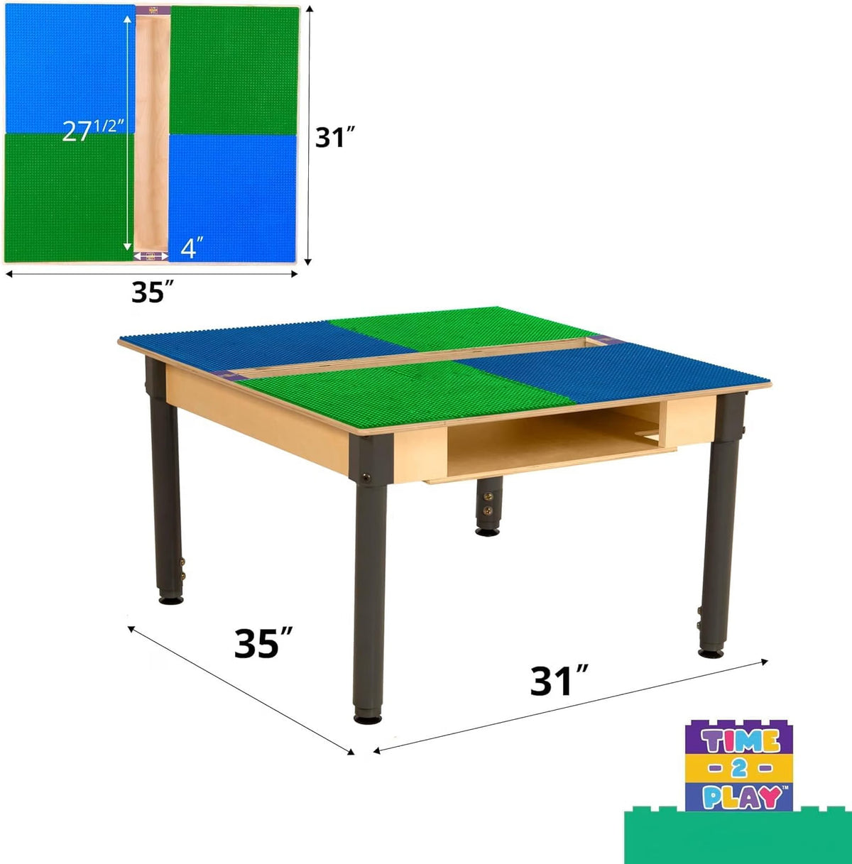 Square Time-2-Play Table with a trough and shelf, along with adjustable 18"-29" legs and a LEGO® Compatible Grid of BLUE/GREEN Color