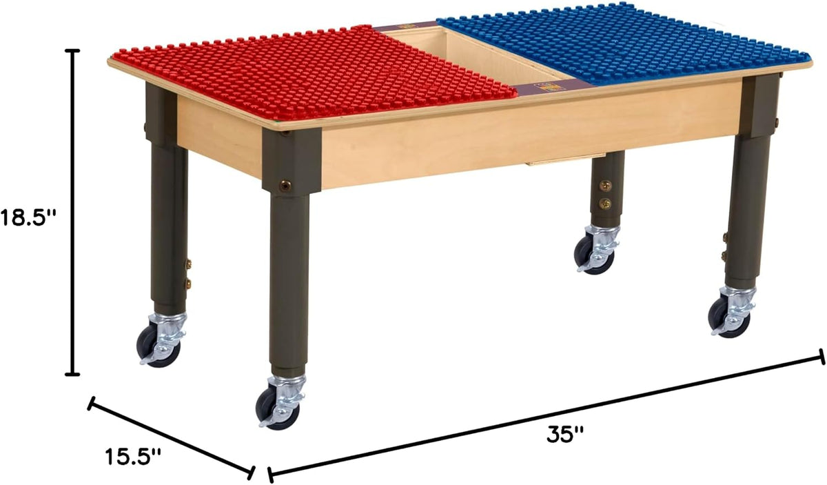 Rectangle Time-2-Play Table with a trough, along with adjustable 12"-17" legs with locking casters and a DUPLO® Compatible Grid of RED/BLUE Color