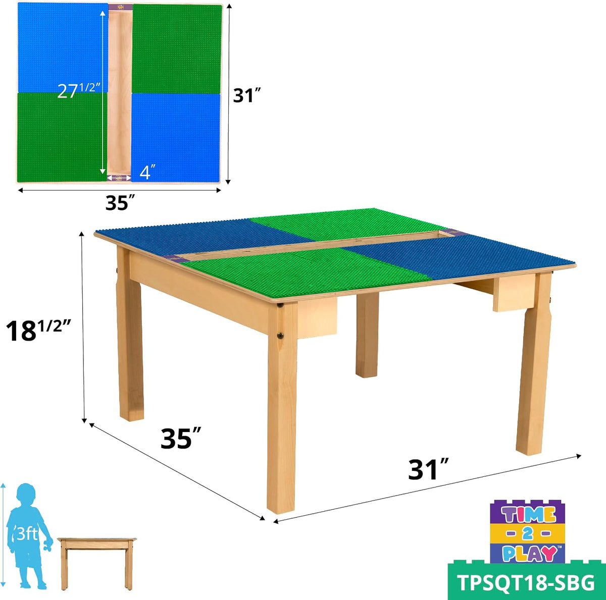 Square Time-2-Play Table with a trough, along with 18" legs and a LEGO® Compatible Grid of BLUE/GREEN Color
