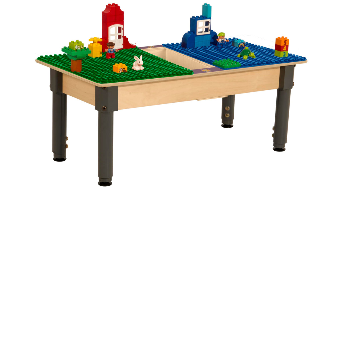 Rectangle Time-2-Play Table with a trough, along with adjustable 12"-17" legs and a DUPLO® Compatible Grid of BLUE/GREEN Color