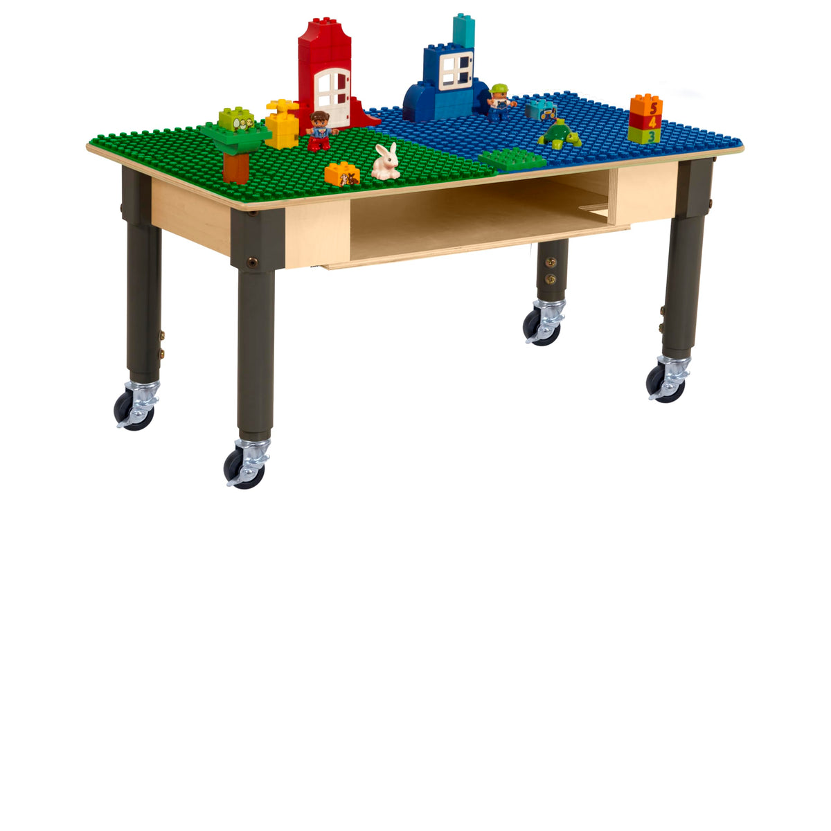 Rectangle Time-2-Play Table with a shelf, along with adjustable 18"-29" legs with locking casters and a DUPLO® Compatible Grid of BLUE/GREEN Color