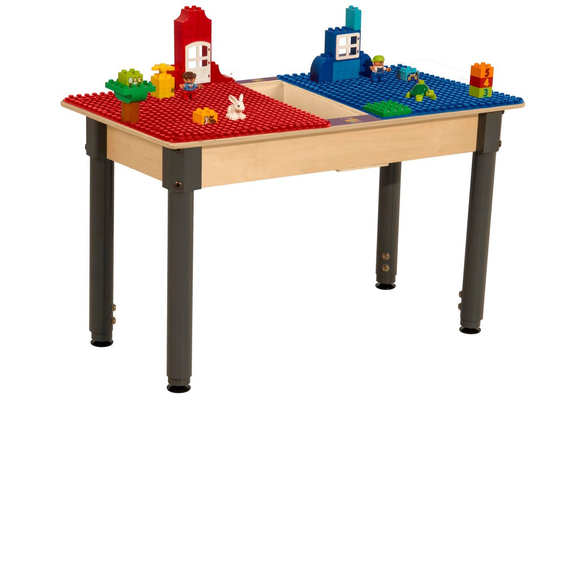 Rectangle Time-2-Play Table with a trough, along with adjustable 18"-29" legs and a DUPLO® Compatible Grid of RED/BLUE Color