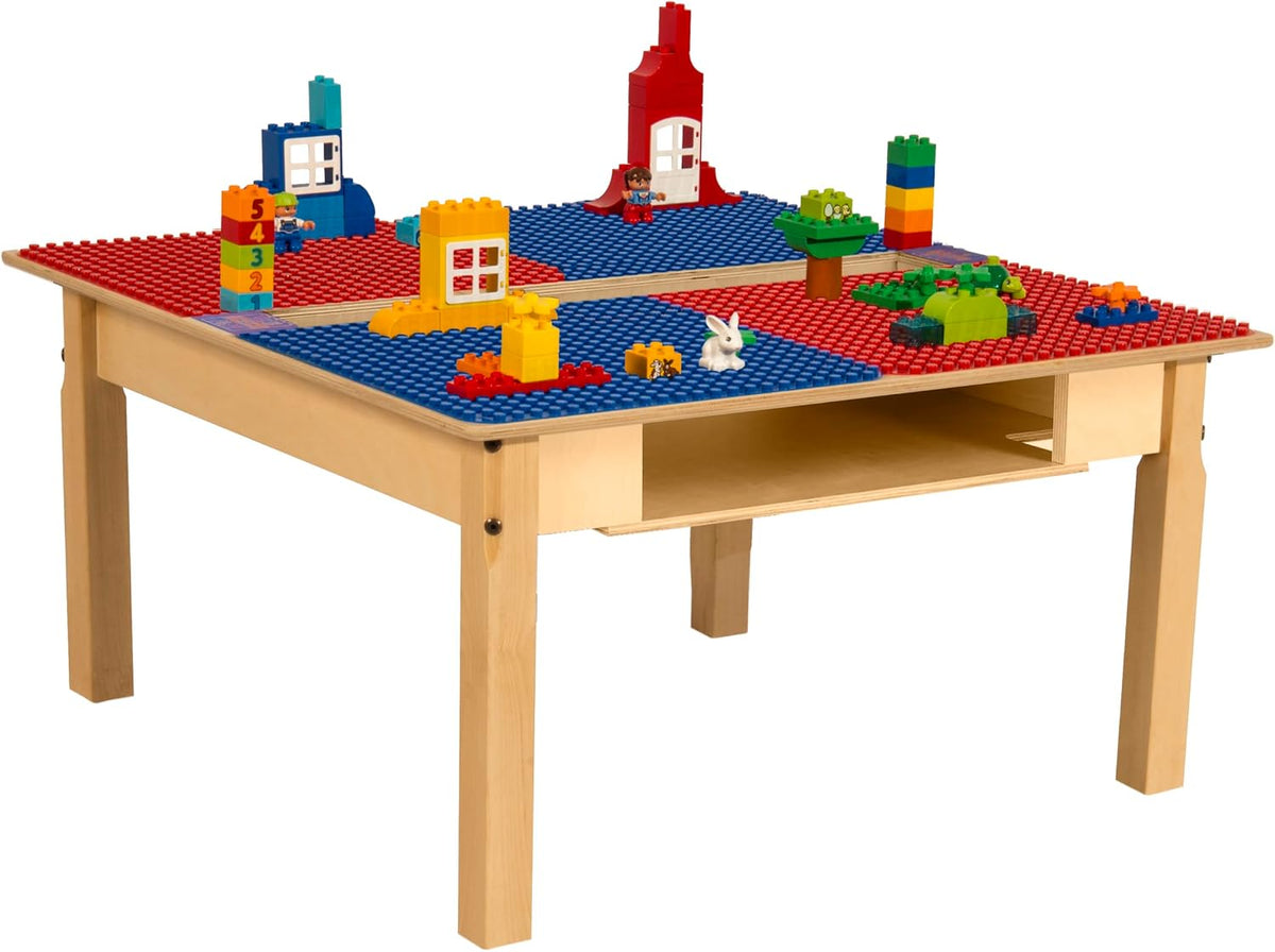 Square Time-2-Play Table with a trough and shelf, along with 16" legs and a DUPLO® Compatible Grid of RED/BLUE Color