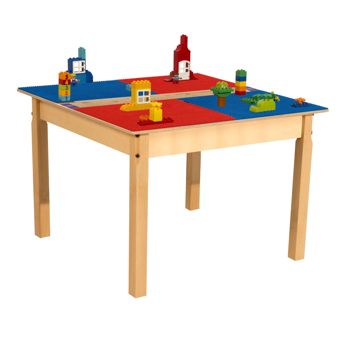 Square Time-2-Play Table with a trough, along with 20" legs and a DUPLO® Compatible Grid of RED/BLUE Color